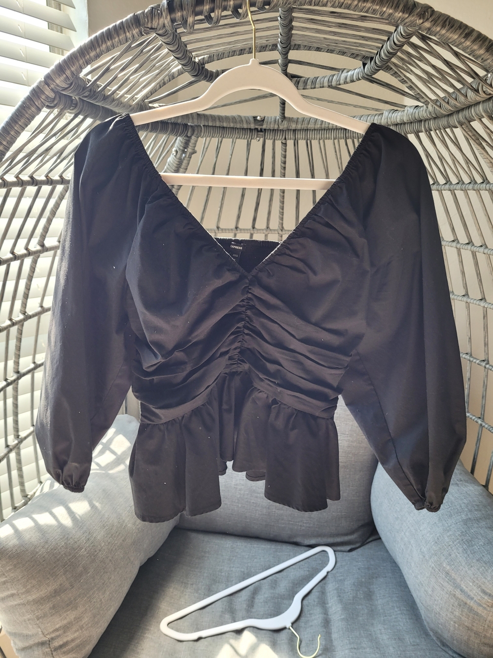 Express Black Ruched V-Neck Peplum Top
